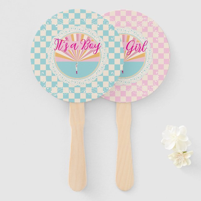 Leque Gender Reveal Two-Sided Blue-Pink Plaid Checkered (Frente e Verso)