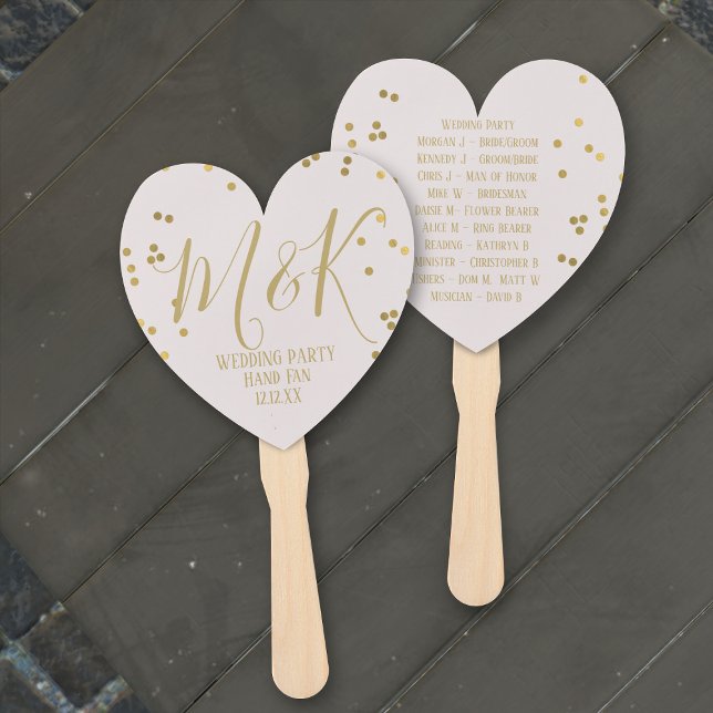 Leque Gold Confetti Bridal Blush Wedding Party Hand Fans (Gold Confetti on Blue Pink Wedding Program Hand Fans with space for your details)