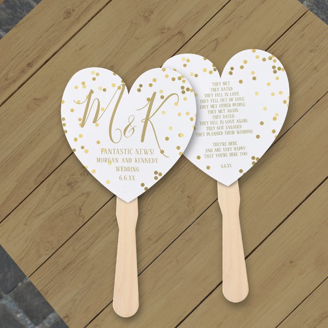 Leque Gold Confetti White Wedding Program Hand Fans (A beautiful love story - add yours)