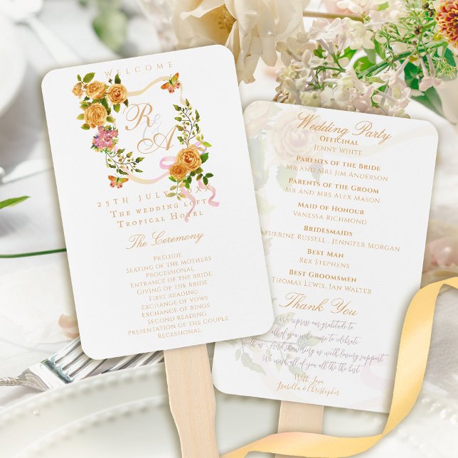 Leque Gold Rose Ribbon Monogram Wedding (Gold Rose Ribbon Monogram Wedding Hand Fan Program)