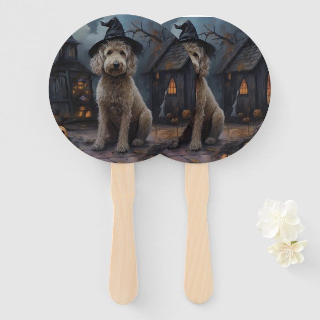 Leque Goldendoodle Abóboras Dia das Bruxas Assustador (Frente e Verso)