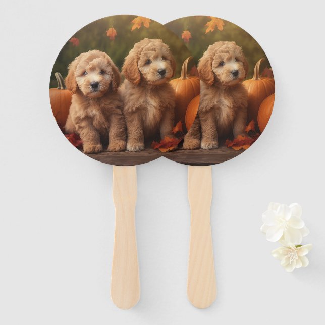 Leque Goldendoodle Puppy Autumn Delight Pumpkin (Frente e Verso)