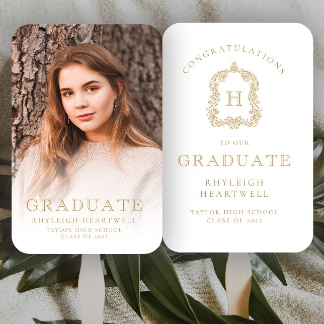 Leque Graduação de Foto Branca Dourada Monograma (Criador carregado)