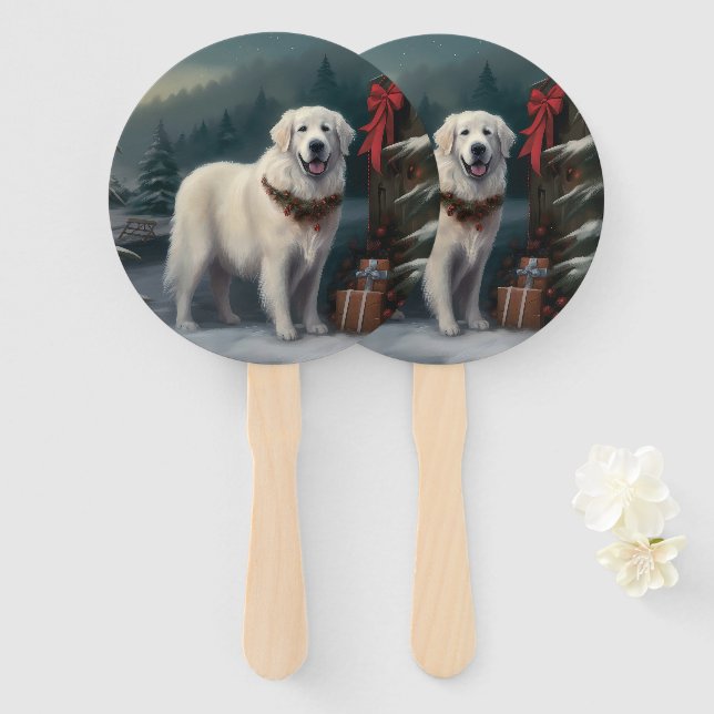 Leque Grande Cão Pirenéus no Natal com Neve (Frente e Verso)