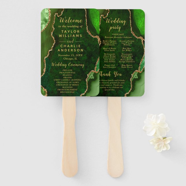 Leque Green and Gold Agate Wedding Program (Frente e Verso)