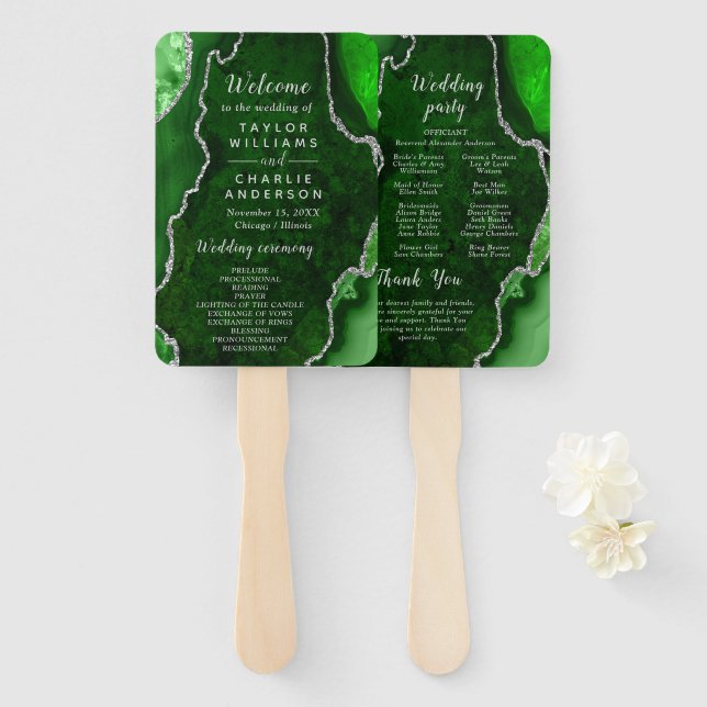 Leque Green and Silver Agate Wedding Program (Frente e Verso)