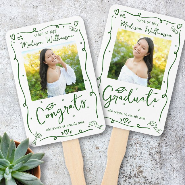 Leque Green Hand Drawn Doodle Graduation 2 Photo White (Criador carregado)