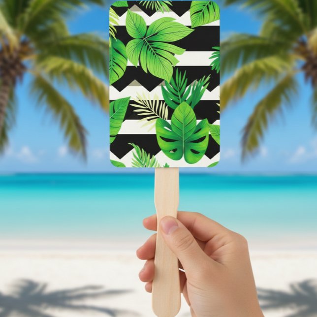 Leque  Green Leaves on B&W Stripes Fans - Modern (Criador carregado)