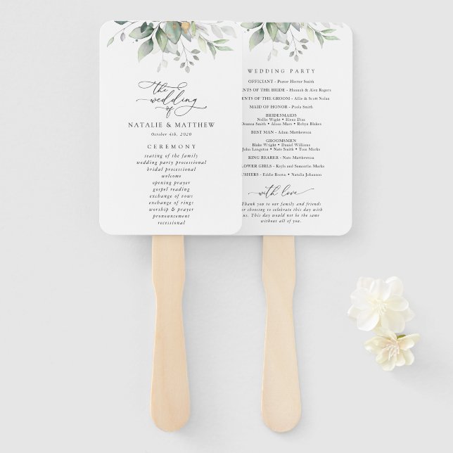 Leque Greenery, Eucalyptus Leaves, Programa Casamento (Frente e Verso)