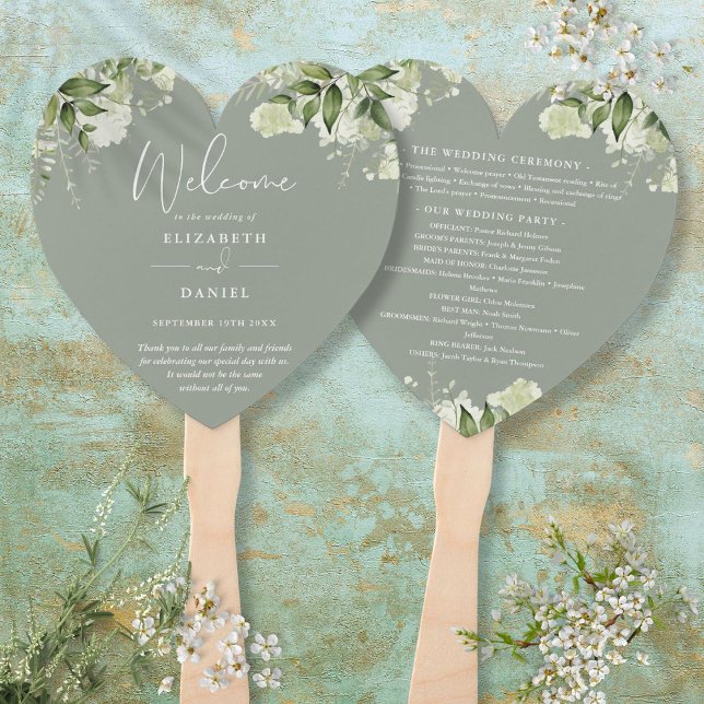 Leque Greenery Floral Sage Green Wedding Program Heart (Greenery Floral Sage Green Wedding Program Heart Hand Fan)