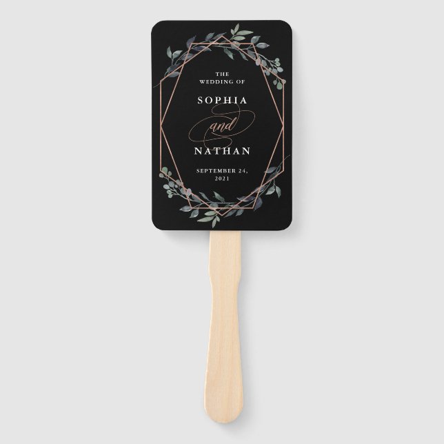 Leque Greenery Geo Black | Casamento Dourado Rosa (Frente)