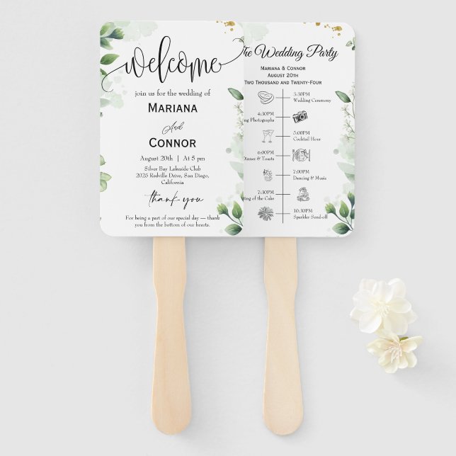 Leque Greenery Script Timeline Program Invitation (Frente e Verso)