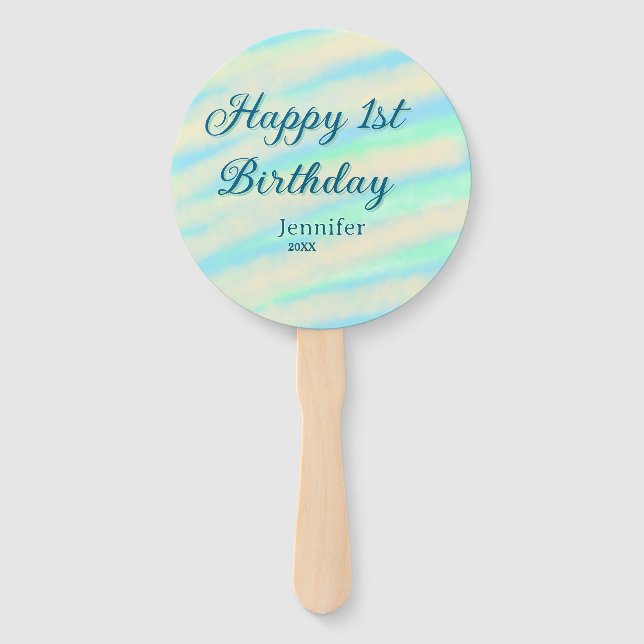 Leque Happy 1st birthday kids baby blue green pastel ret (Frente)