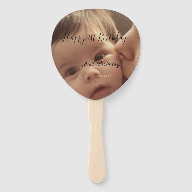 Leque Happy 1st birthday name photo date stylish calligr (Frente)