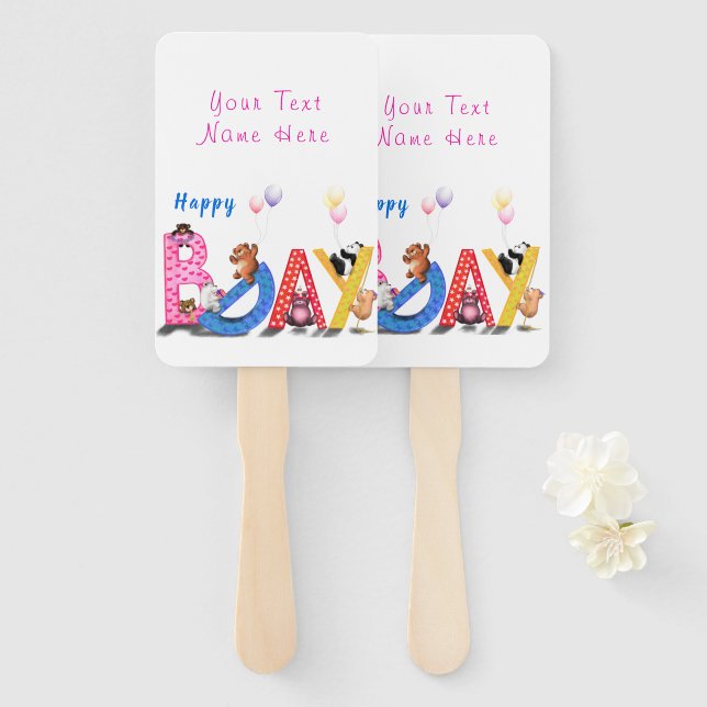 Leque Happy Birthday Hand Fan Baby Bears Party (Frente e Verso)
