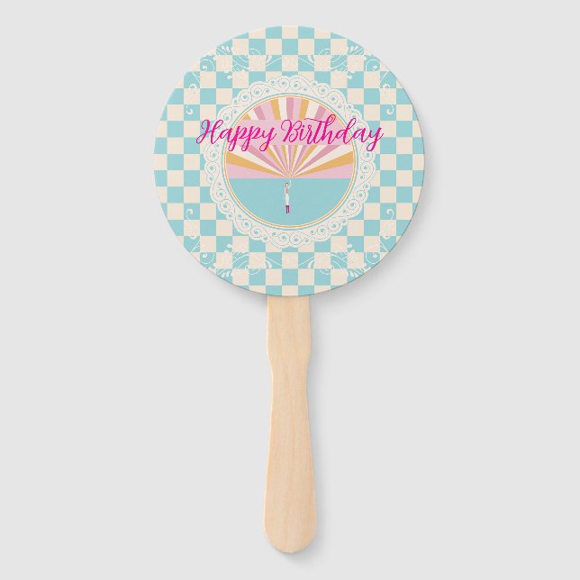 Leque Happy Fun Blue Gingham Plaid Checkered Birthday (Frente)
