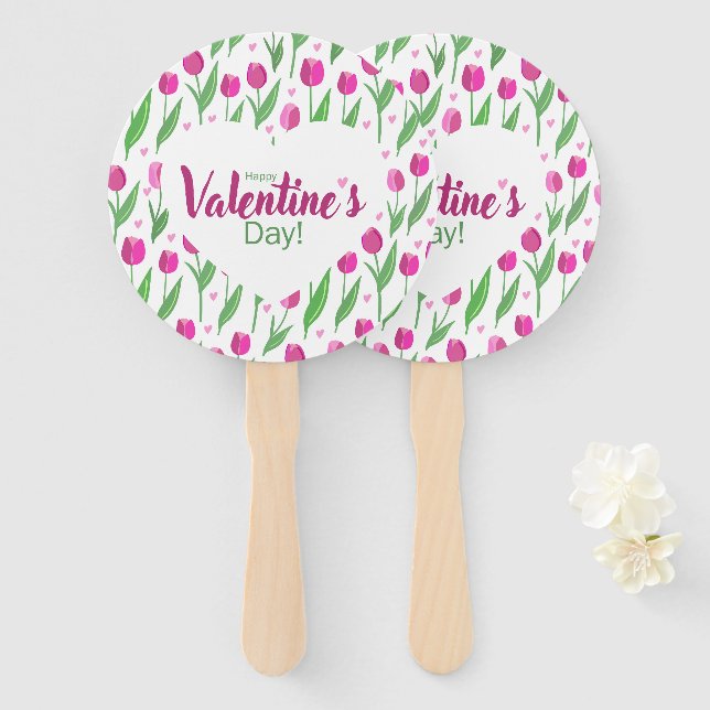 Leque Happy Valentine's Day Pink Tulips (Frente e Verso)