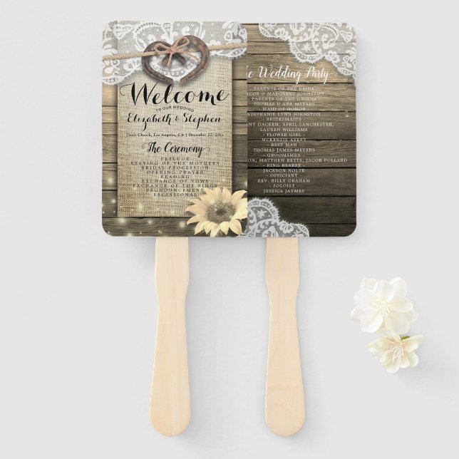 Leque Horsferes Sunflower Wood Wedding Programe Ventilad (Frente e Verso)