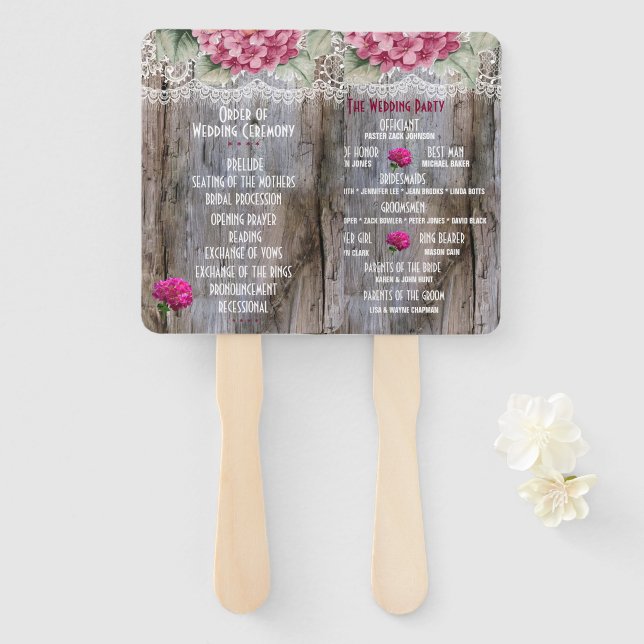 Leque Hydrangeas Lace & Barn Wood Fãs de Mão (Frente e Verso)