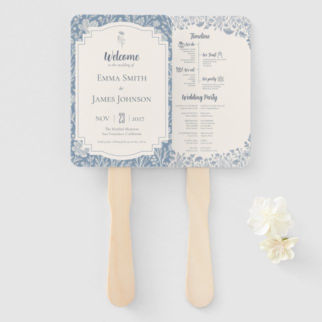 Leque Ivory Periwinkle Wildflower Wedding Program (Frente e Verso)
