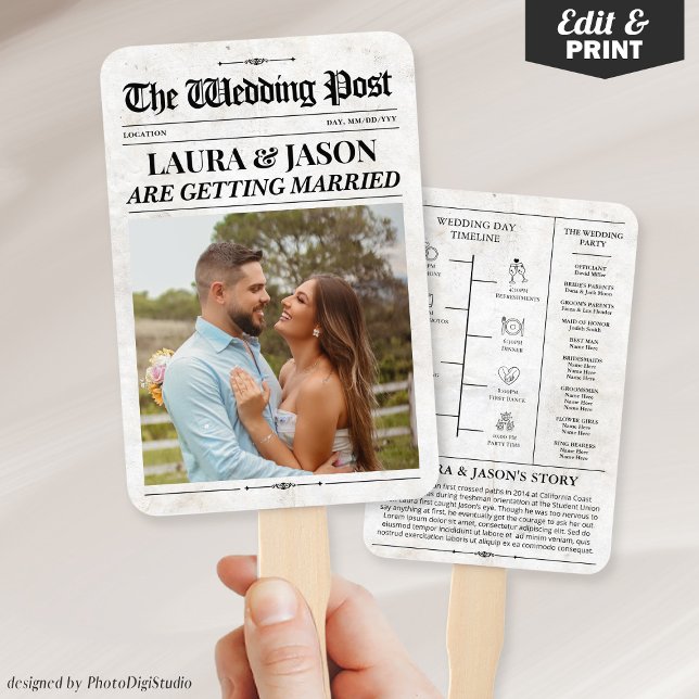 Leque Jornais de Casamento com Linha do Tempo, Programas (Wedding Newspaper with Timeline, Wedding Programs Hand Fan)