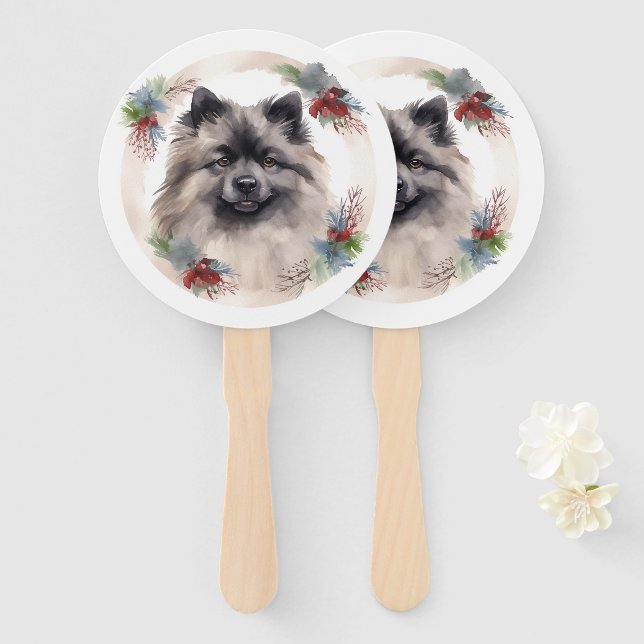 Leque Keeshond Christmas Wreath Festivo Pup (Frente e Verso)