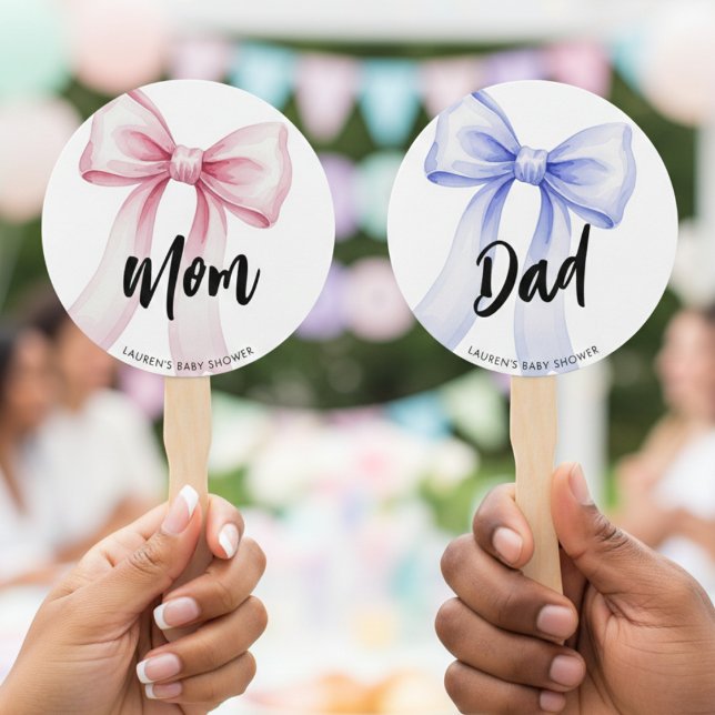 Leque Laço de Fita Chuveiro de Bebê do Papai e da Mamãe  (Ribbon Bow Mom Dad Baby Shower Guess Who Game Hand Fan
)