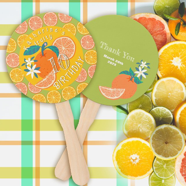 Leque Laranja Frutado 10º Aniversário Verde (Orange Fruity Birthday Hand Fan.)