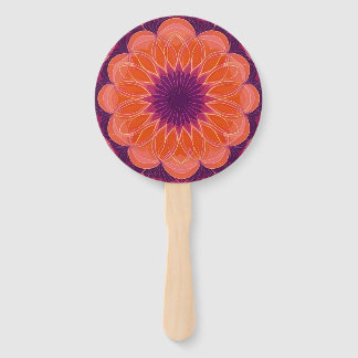 Leque Laranja Vibrante com Caleidoscópio Floral Púrpura