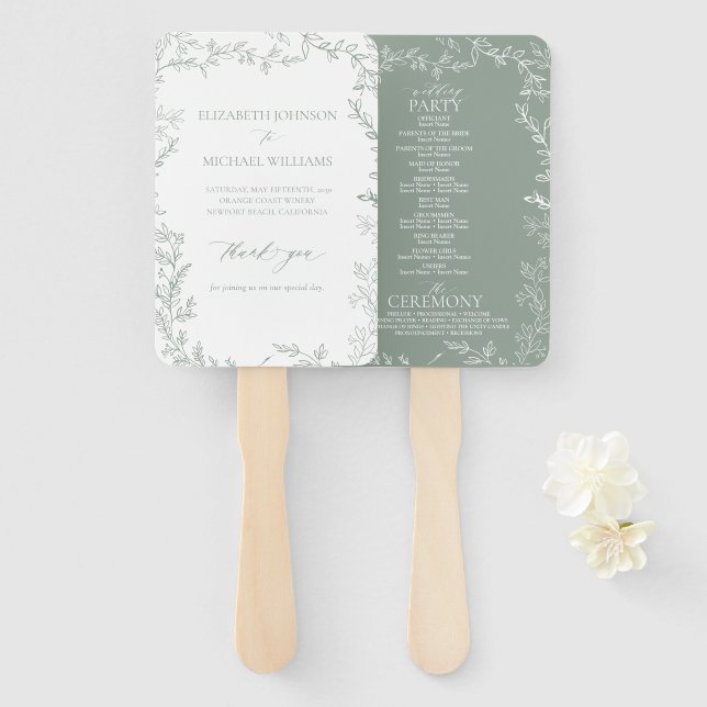 Leque Leafy Sage Green Elegant Monogramas (Frente e Verso)