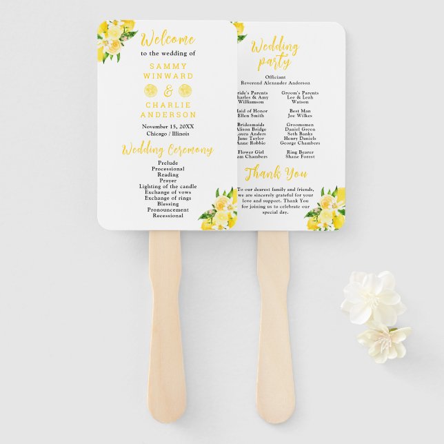 Leque Lemons and Foliage Wedding Program (Frente e Verso)