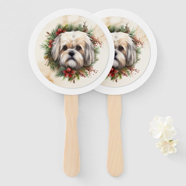 Leque Lhasa Apso Christmas Wreath Festivo Pup (Frente e Verso)