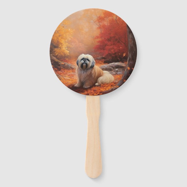 Leque Lhasa Apso no outono Folhas caem inspiração (Frente)