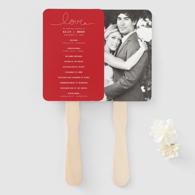 Leque Loopy Love Lines Red Heart Photo Wedding Program (Frente e Verso)