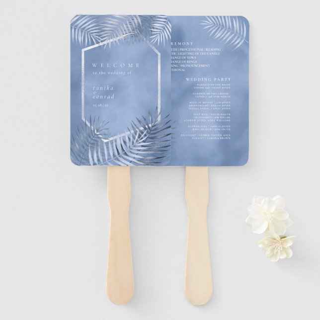 Leque Lush Palm Leaf Wedding Program Windsor Blue ID956 (Frente e Verso)