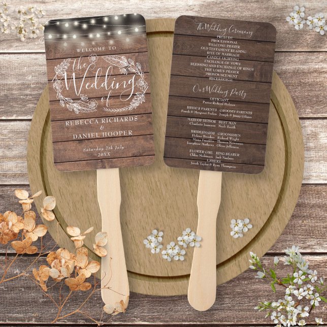 Leque Luzes de Corda Florais de Madeira Rústica Programa (Rustic Wood Floral String Lights Wedding Program Hand Fan)