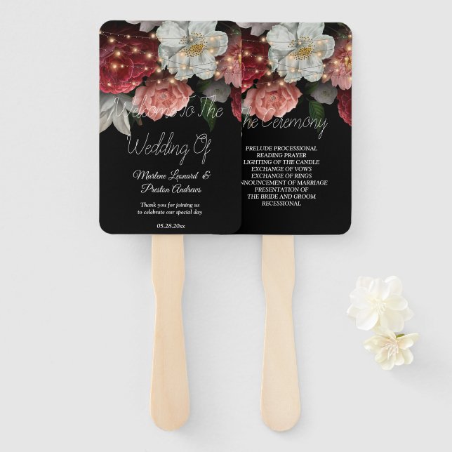 Leque Luzes de corda flórica russa Burgundy (Frente e Verso)