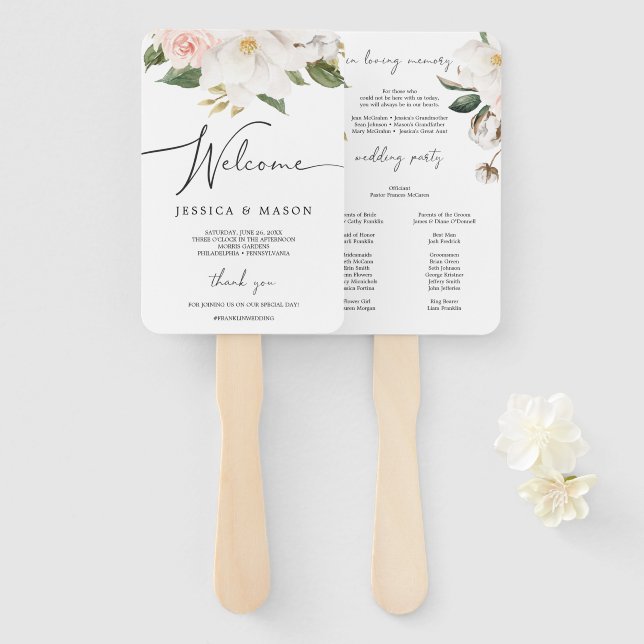 Leque Magnolia Cotton Wedding Program Fan Loving Memory (Frente e Verso)