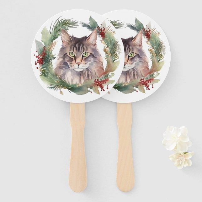 Leque Maine Coon Cat Wreath Festivo Kitten (Frente e Verso)