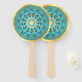 Leque Mandala azul dourado em Fundo de Ouro Suave
