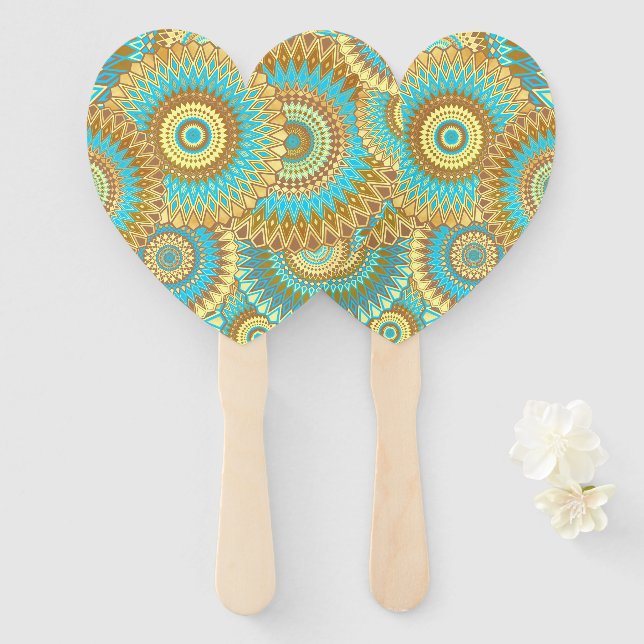 Leque Mandala Sobreposto Azul Marrom Dourado (Frente e Verso)
