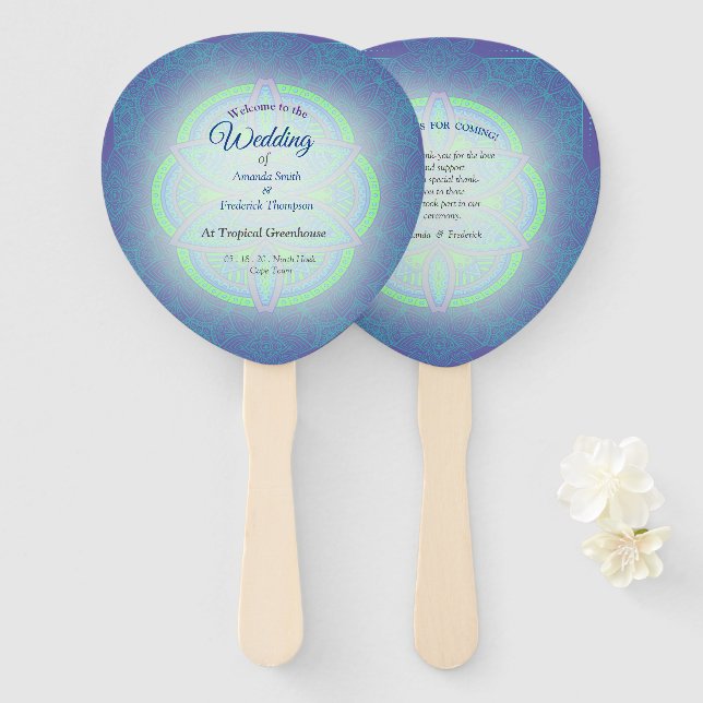 Leque Mandalas em azul neerlandês misto (Frente e Verso)