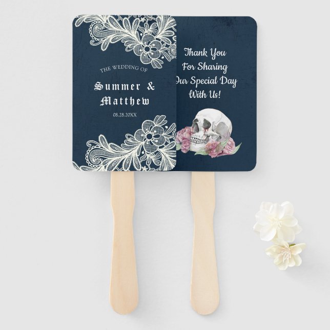 Leque Marinho Azul Caveira Rosa Rosas Rosa rendas Casame (Frente e Verso)