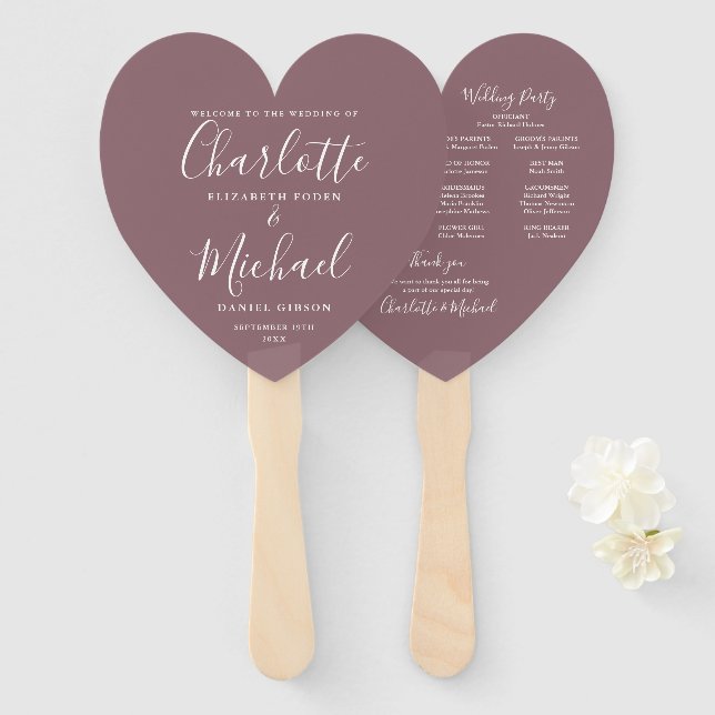 Leque Mauve Chic Wedding Program Heart (Frente e Verso)