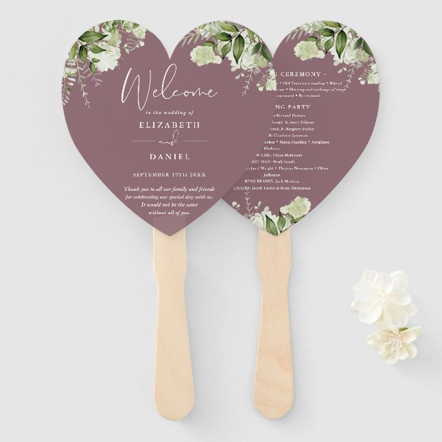 Leque Mauve Greenery Wedding Program Heart (Frente e Verso)