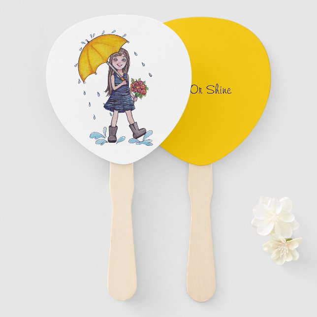 Leque Menina Com Guarda-Chuva Amarelo Em Aquarela (Frente e Verso)