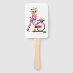 Leque Menina Loura-Gira com Bicicleta Rosa e Gato nas Fl