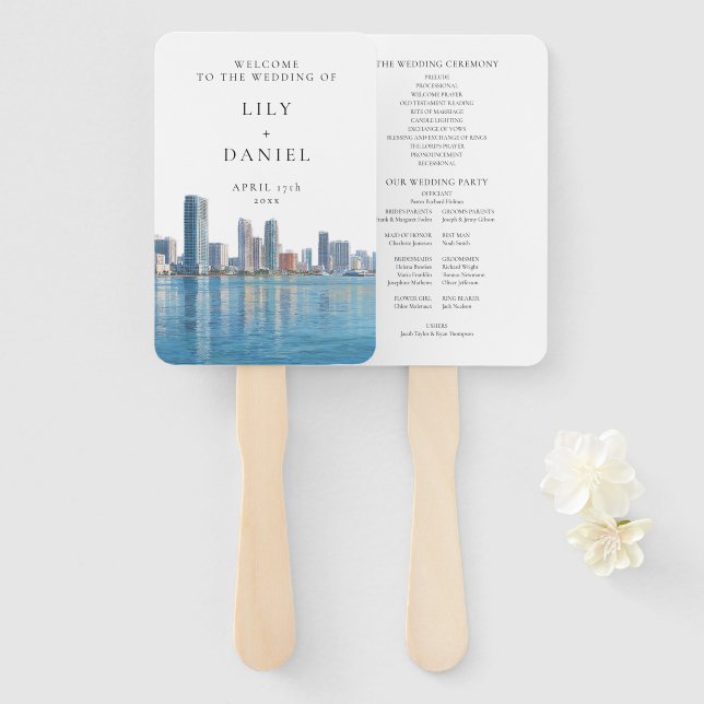 Leque Miami Skyline Watercolor Wedding Program (Frente e Verso)