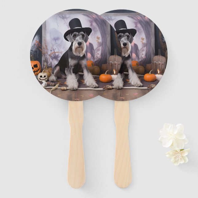 Leque Miniatura Schnauzer Abóboras Dia das Bruxas Assust (Frente e Verso)