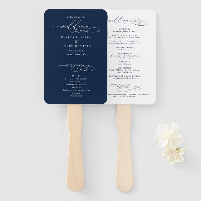 Leque Minimalist Script Navy Blue Wedding Program (Frente e Verso)